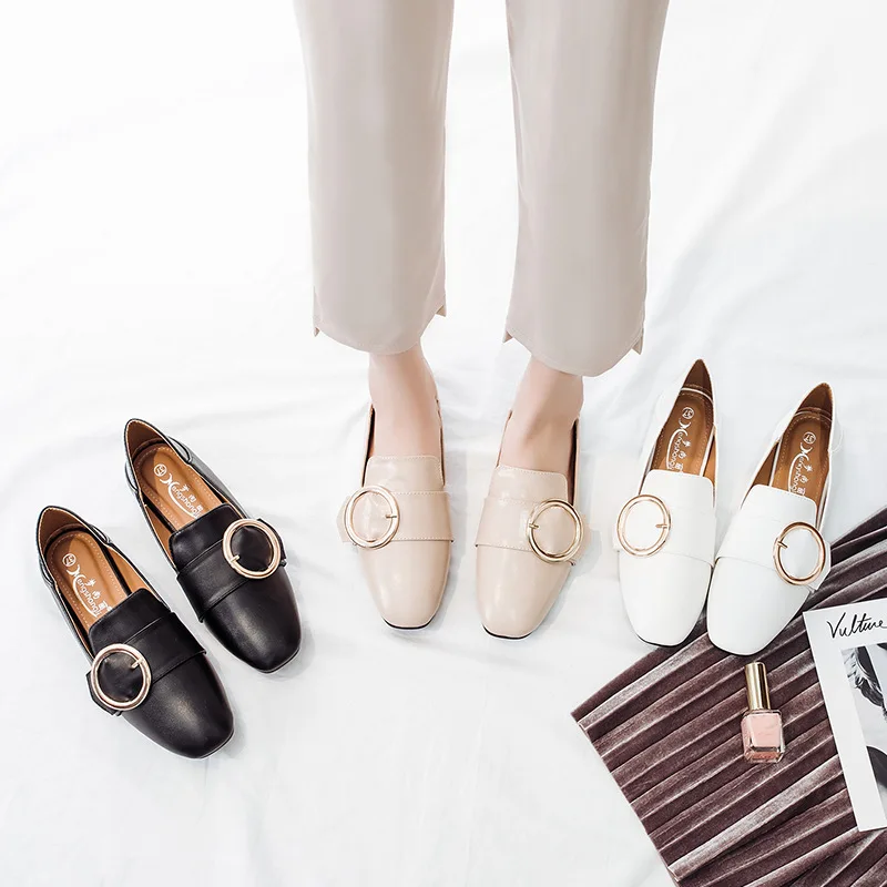 

Square Toe Fashion PU Basic Slip-On Pumps For Women With Solid Shallow Low Heel Ladies Pumps Buckle Casual Single Shoes