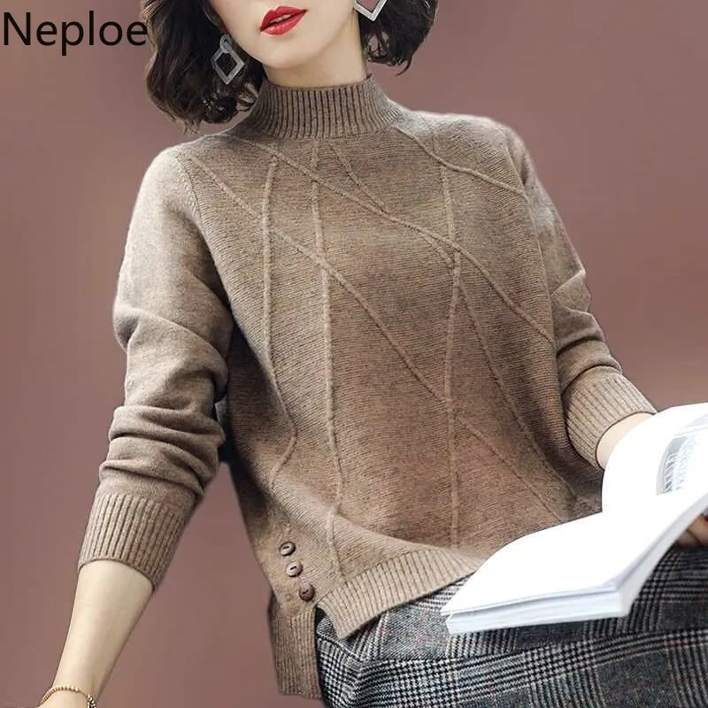 

Neploe Korean Loose Wild Knitted Sweater Turtleneck Button Pullover Women Clothes Autumn Winter Solid Sweaters 45510