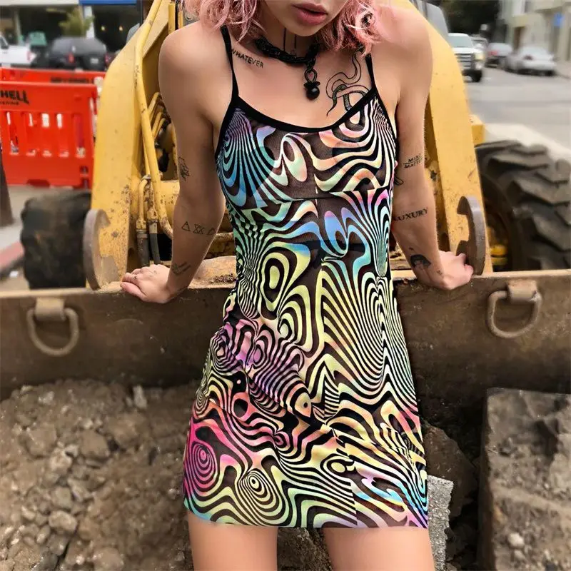 

Sexy Camis Dress Spaghetti Strap Beach Style Mesh Low Cut Rainbow Color Dress Vestidos