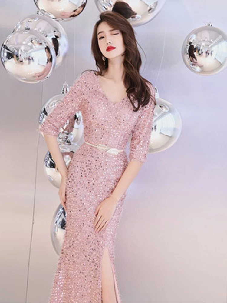 Evening Dress Split Backless Sequin Women Party Dresses Half-sleeve Zipper Robe De Soiree Short Sleeve Formal Gowns F057