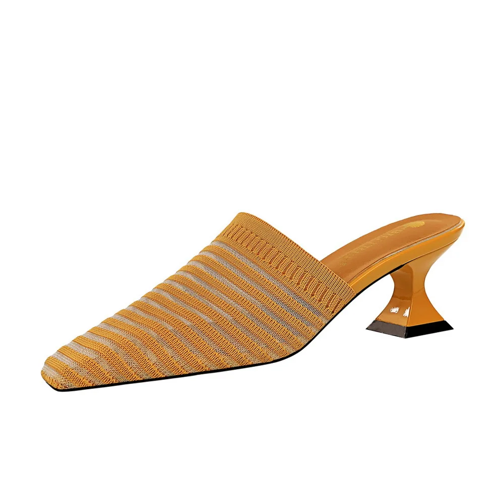 Korean Fashion Daily Lazy Slippers Thick-heeled High-heeled Wool Horizontal Striped Hollow Small Square Head | Обувь