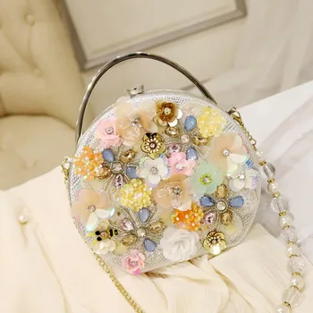 

Women Fashion Evening Handbag Circular Shape PU Leather Crystal Rhinestone Diamond Studded Clutch Purse Crossbody Shoulder Bag