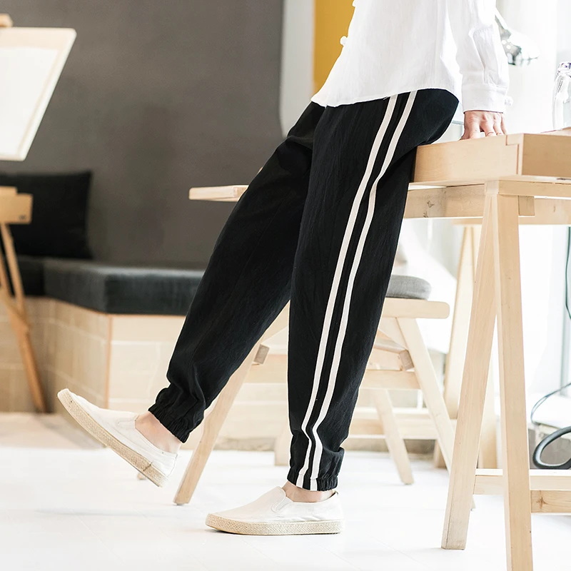 Sinicism Store мужские мешковатые хлопковые льняные шаровары спортивные штаны мужские спортивные штаны мужские повседневные осенние однотонные леггинсы брюки - Цвет: Black
