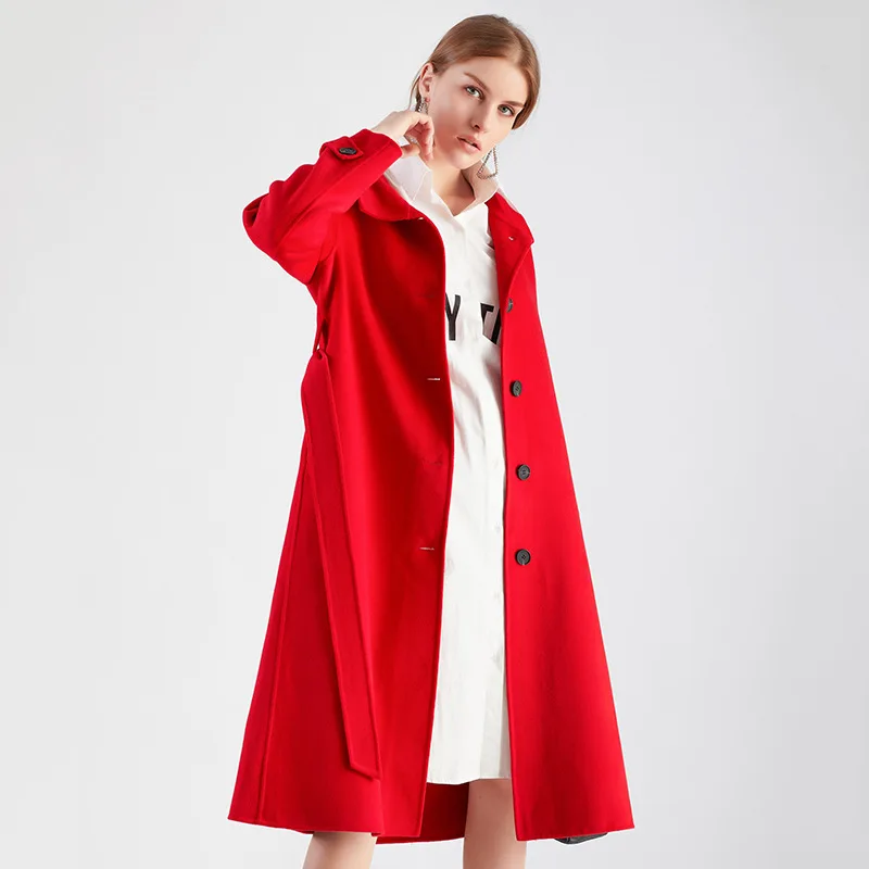 Новое двустороннее кашемировое шерстяное пальто корейские женские тонкие длинные однотонные женские однобортные красные пальто с поясом
