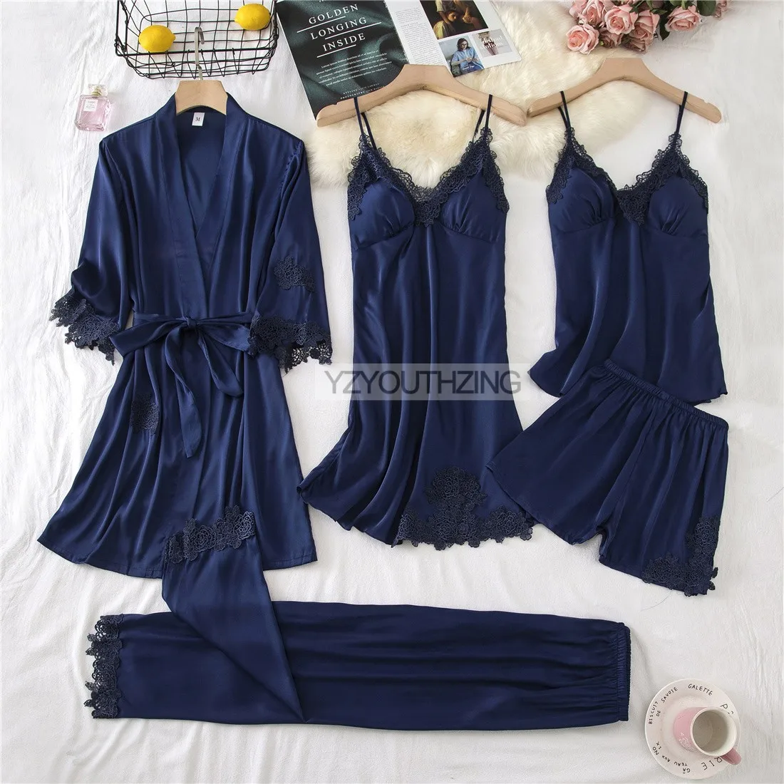 sexy sleepwear for women Lace PJ's Women Pajamas Suit Satin Sexy Sleepwear Summer Pyjamas With Trousers Nightgown V-Neck Kimono Robe Gown Set Lingerie silk pajamas for women