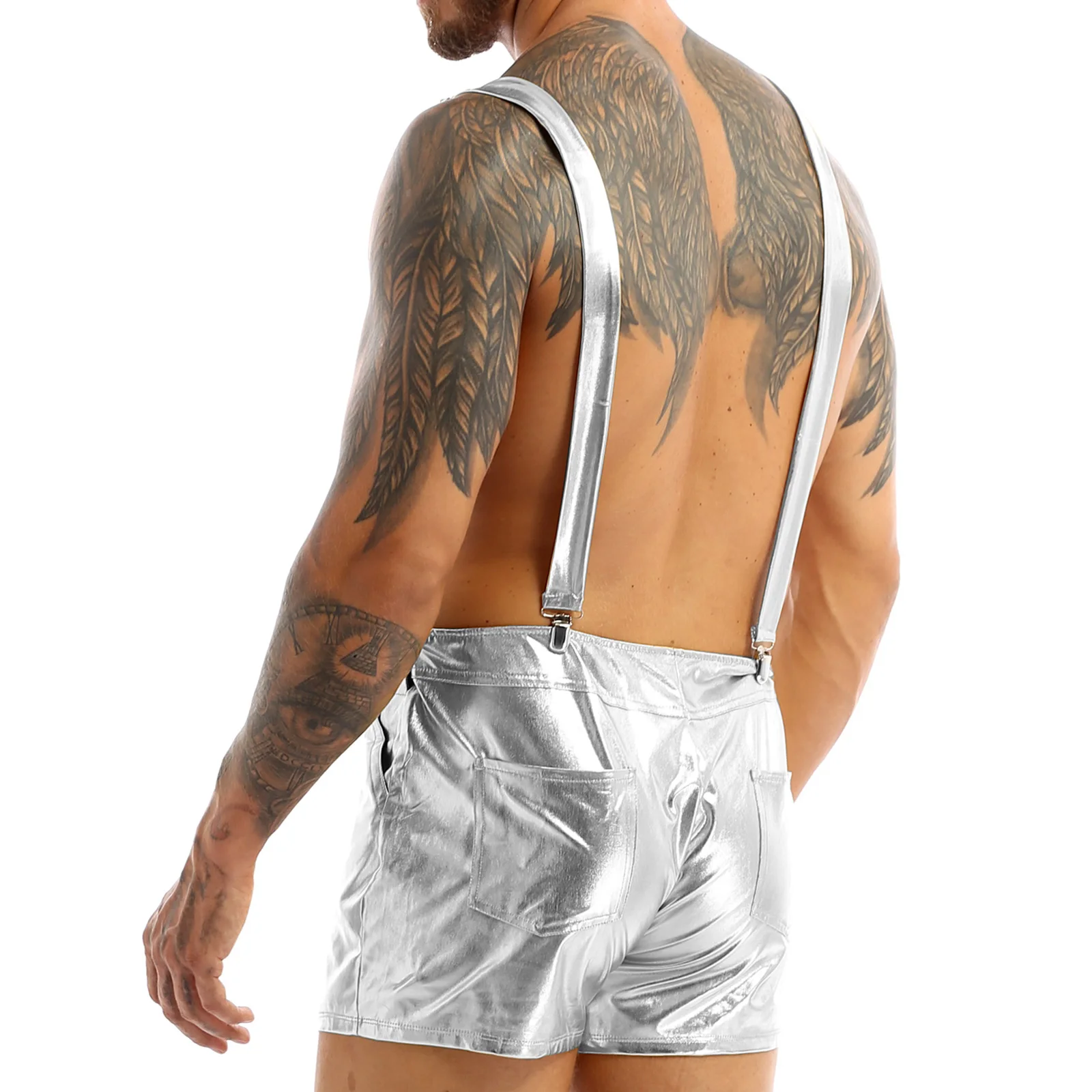 Mens Shiny Metallic Bib Overall Suspender Shorts Jazz Hip Hop Leotard Dance Costumes Shoulder Straps Jumpsuit Suspender Romper 2