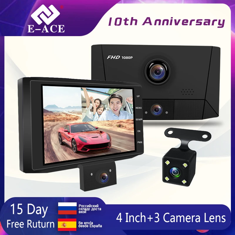 E-ACE B13 Автомобильный видеорегистратор 4,0 дюймов 1080P FHD Dash Cam 3 объектив камеры видео рекордер двойной объектив Авто регистратор с камерой задн... E-ACE B13 Автомобильный видеорегистратор 4,0 дюймов 1080P FHD Dash Cam 3 объектив камеры видео рекордер двойной объектив Авто регистратор с камерой задн...