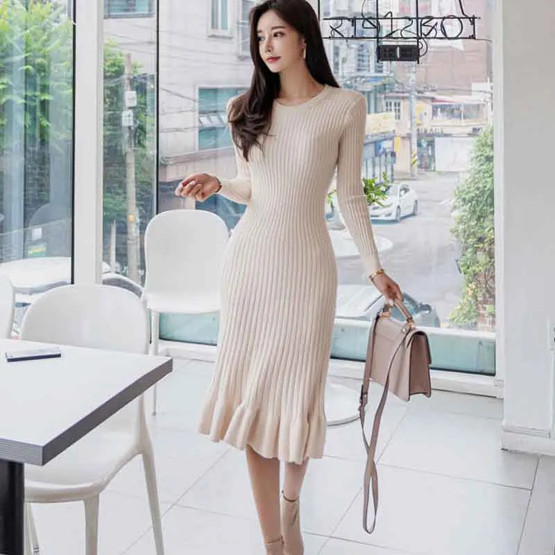 

One-Piece Korean Dress 2020 Autumn Winter Bottoming Dress Knitted Women office OL Dress Elastic Bodycon Mermaid Dresses Vestidos