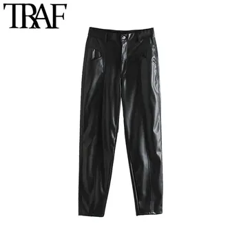 

TRAF Women Vintage Stylish Faux Leather Pockets Biker Pants Fashion High Waist Zipper Fly Female PU Ankle Trousers Pantalones