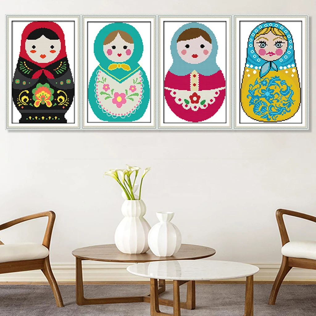 

NAIYUE 4set Cross Stitch Matryoshka Cotton Thread Painting DIY Needlework DMC Kits 14CT Russia Embroidery Home Decoration Gift
