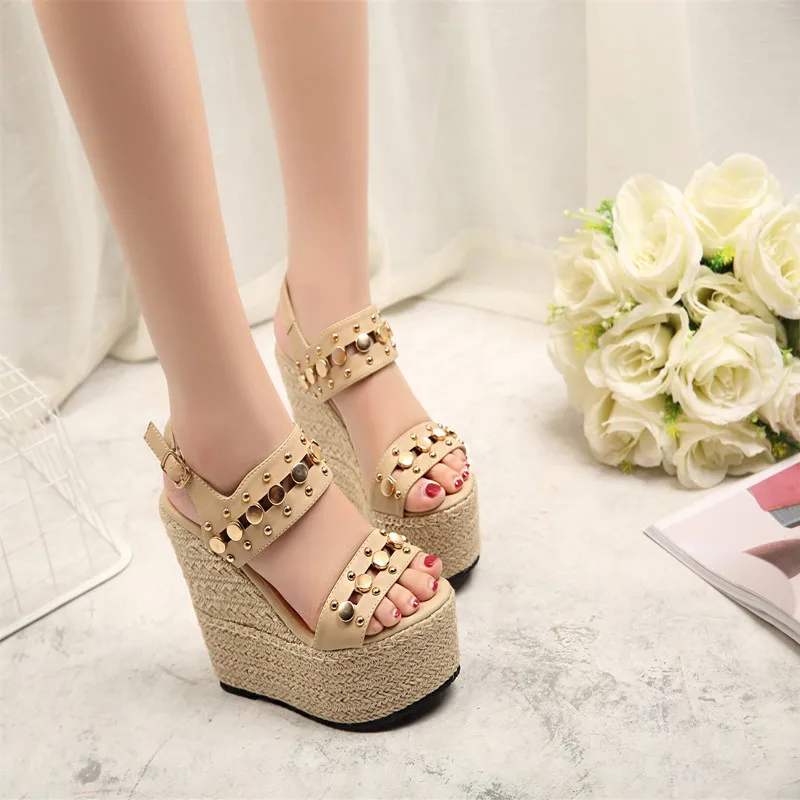 

Rivets Increased Within Straw Sandals 14.5 Cm Super High-Heel Wedges Womens Sandals Bohemia Style Sexy Small Size High Heels 33