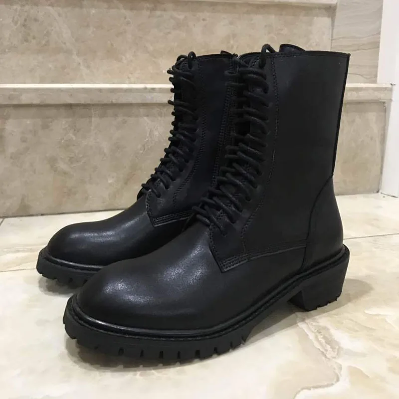 

2019 New Autumn Lace Up Winter Zipper New Round Toe Ankle Boots PU Leather Elegant Square Med Heel Women Shoes XWX7420
