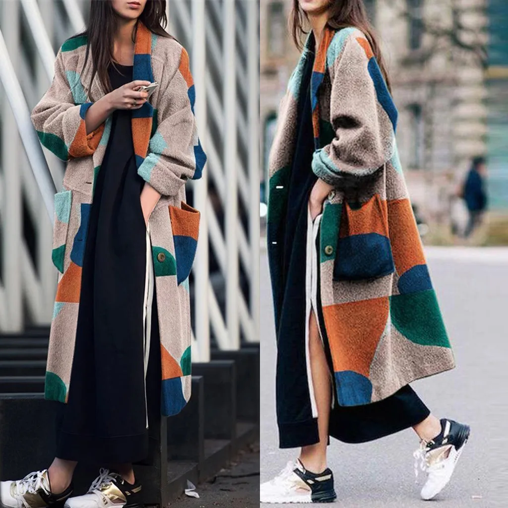 Женская зимняя верхняя одежда высокого качества с принтом, с карманами, с открытым стежком, корейский стиль, длинное пальто, Harajuku, для женщин размера плюс S-3xl,# J30