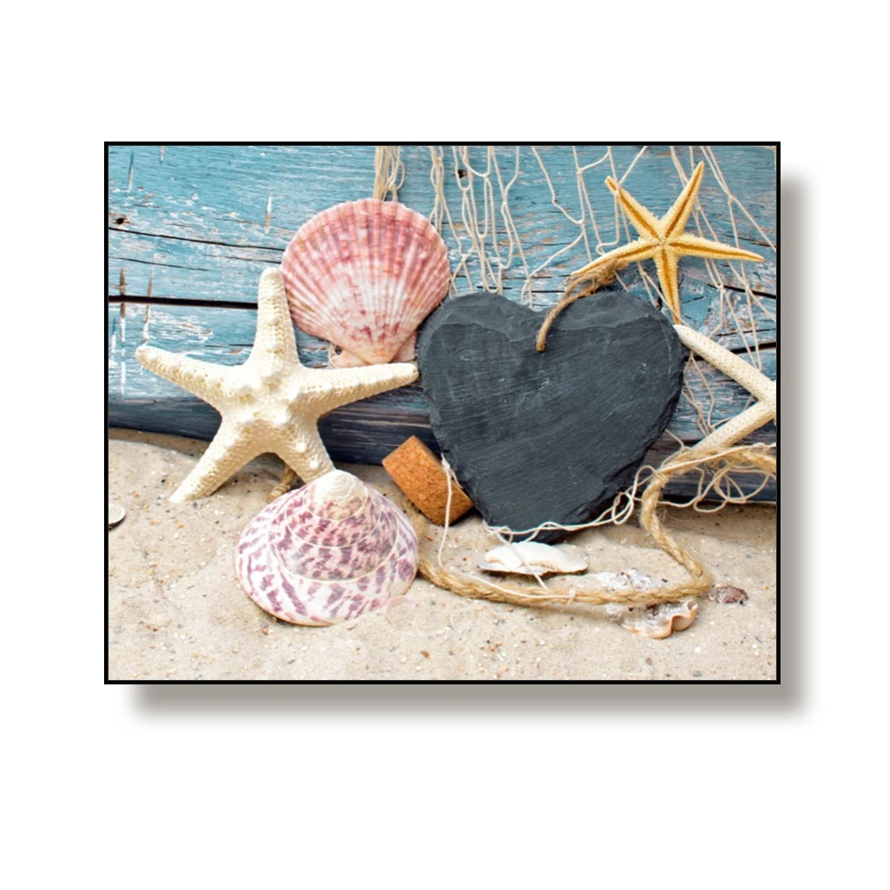 Canvas Art Painting Beach starfish, shells and wood carving Art Poster Picture Wall Decor Modern Home Decoration For Living room