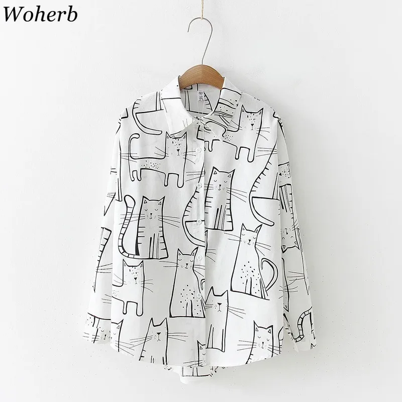 Woherb, винтажные повседневные блузки для женщин, отложной воротник, длинный рукав, рубашки с рисунком собаки, свободные топы для женщин, корейская мода, новинка 91107