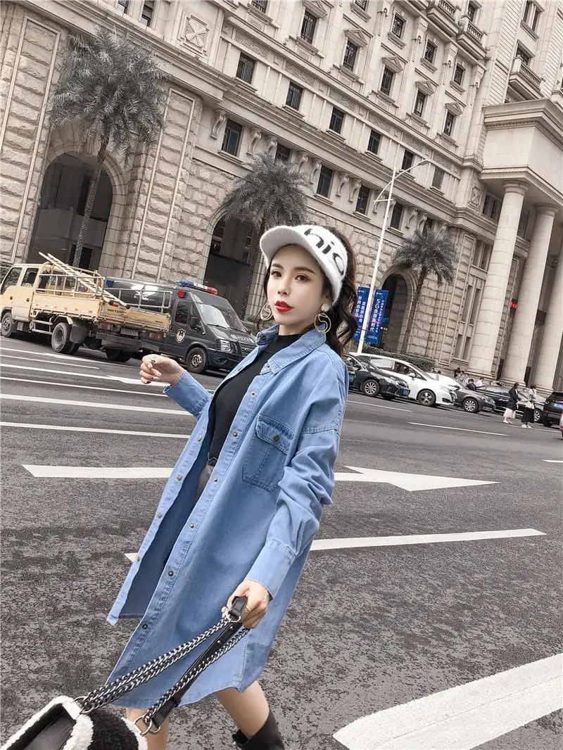 Sky Blue SWYIVY весна осень женская джинсовая Базовая рубашка Свободная Повседневная модная длинная джинсовая рубашка с поясом женская синяя блузка Топ куртка - Цвет: Sky Blue