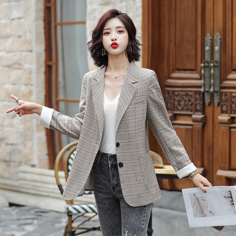 

Loose-Fit Coat Small Suit Women's Plaid Casual Versatile Suit-Style Elegant Online Celebrity Tops Mid-length Korean-style Women'