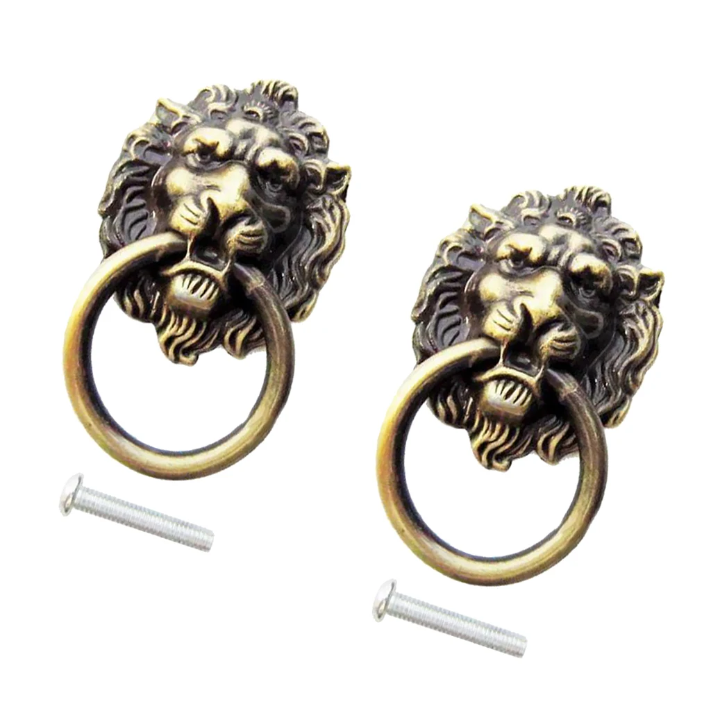 2pcs Antique Brass Metal Lion Head Drawer Ring Door Pull Handle Dresser Drawer