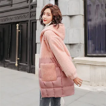 

Hooded stitching down cotton jacket female long section Korean 2019 winter new Casacos long sleeve loose slimming coat YH465