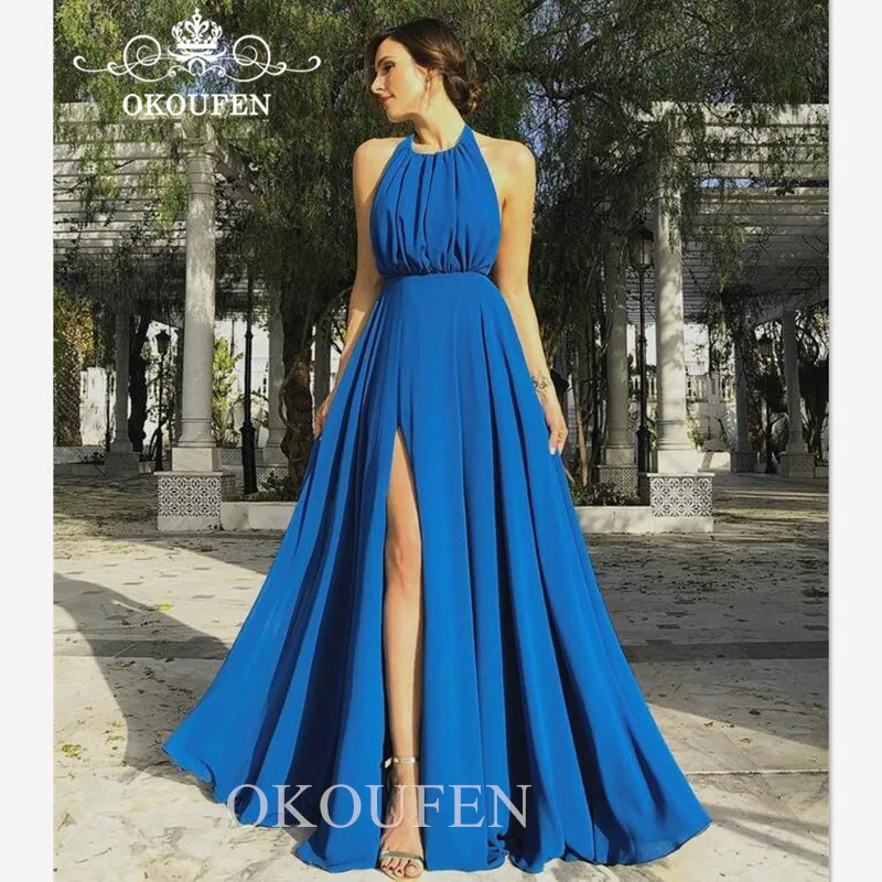 

Blue Chiffon Long Evening Dress Formal Sexy Backless Side Split A Line Robe De Soiree Prom Dresses For Women