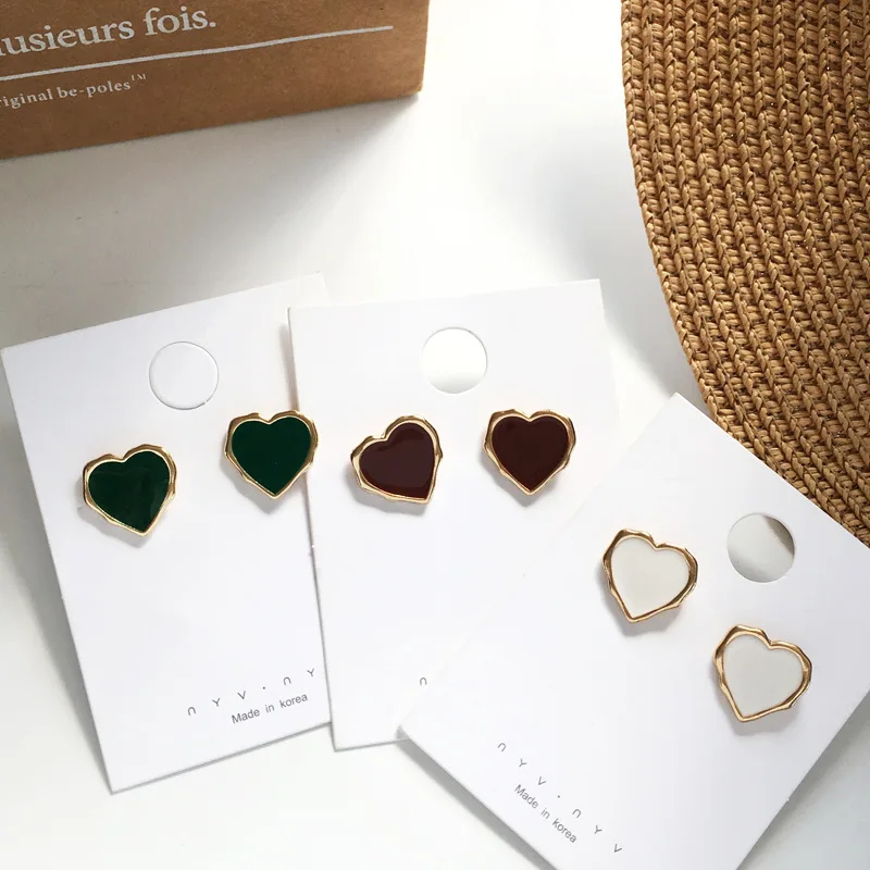 Модные серьги-гвоздики в форме сердца, эмаль, золотые милые ювелирные изделия, винтажные массивные серьги для девушек, женские подарки