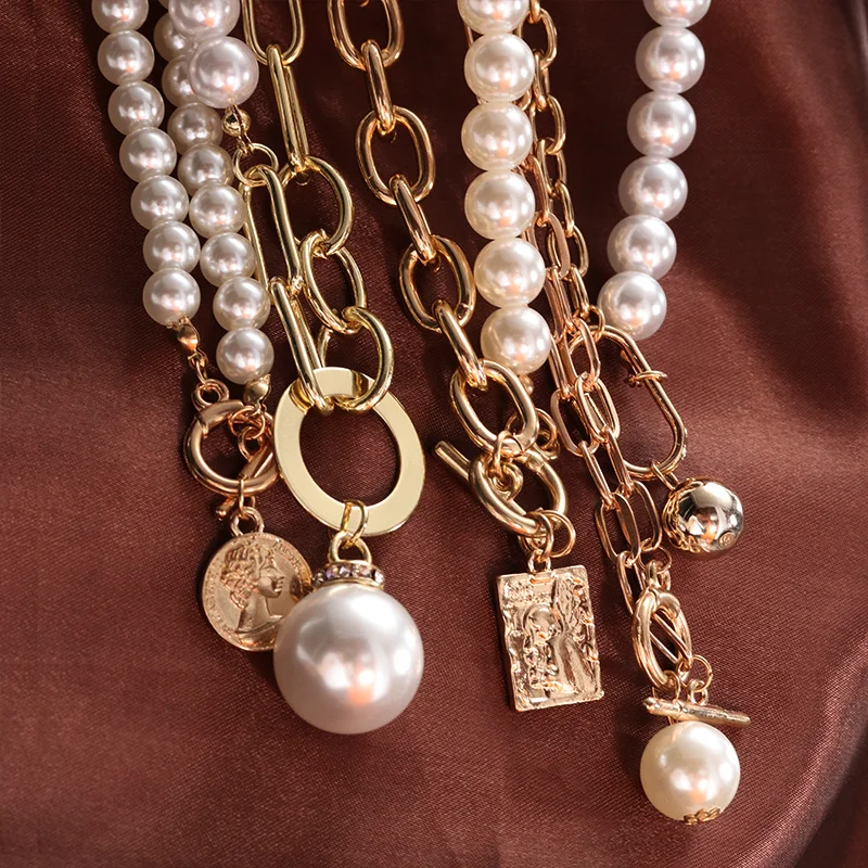 Fashion Pearl Chain Choker Necklace for Women Vintage Gold Heart Circle Lock Metal Pendant Hip Hop Female Men Jewelry | Украшения и