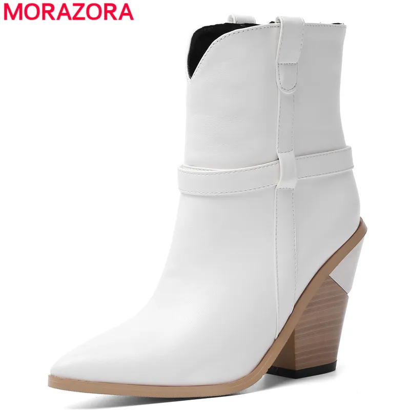 MORAZORA/ г., новые ботильоны женская обувь ковбойские сапоги на танкетке на высоком каблуке модные зимние полусапожки женская обувь