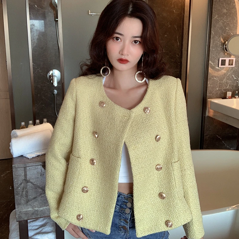 

Женская двубортная твидовая куртка, элегантная винтажная желтая куртка, верхняя одежда для осени и зимы, 2021