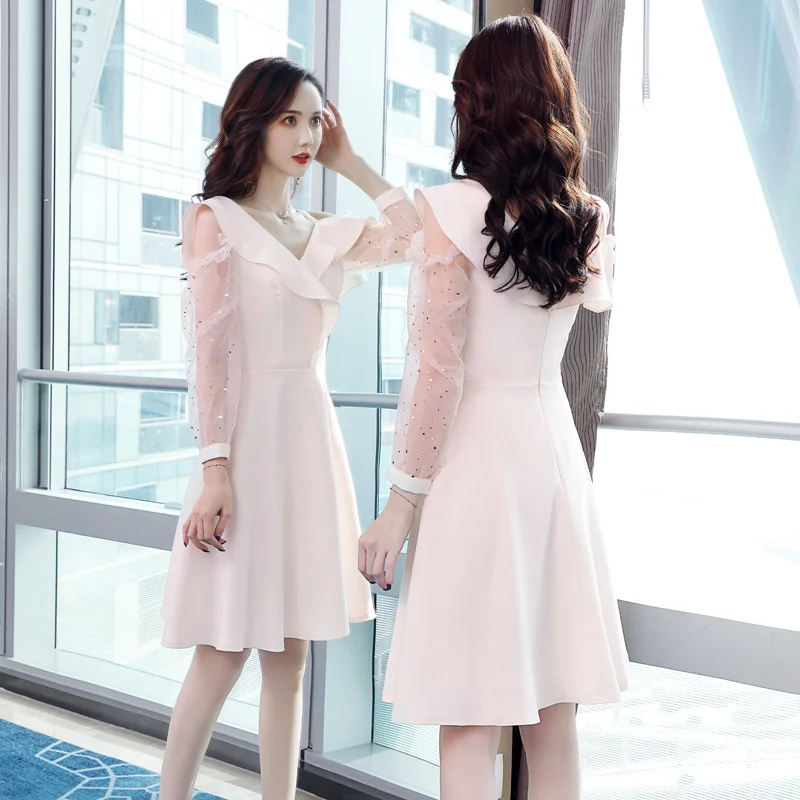 

2020 Spring Women Clothing French Mesh Patchwork Strapless V-Neck Dress S-XXL Elegant Natural Half Mini Dress Party Vestidos