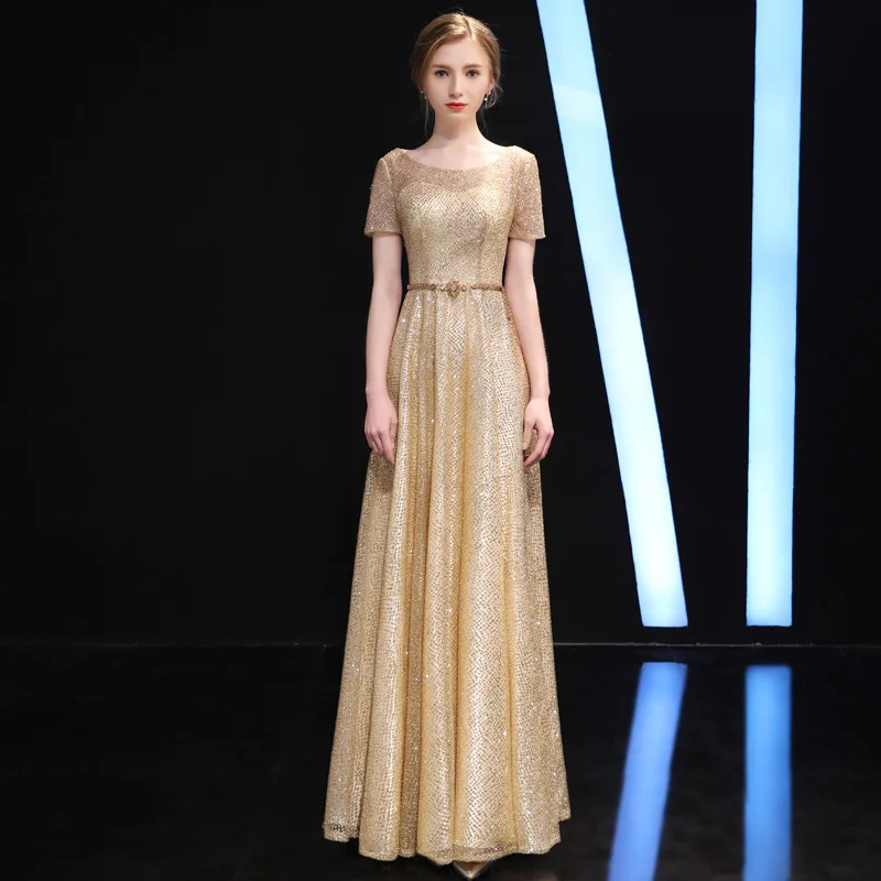

Formal Evening Dresses Gold Sparkling Sequins A Line Party Dress 2020 O-Neck Short Sleeve Women Gowns Lace Up Back Vestidos K216