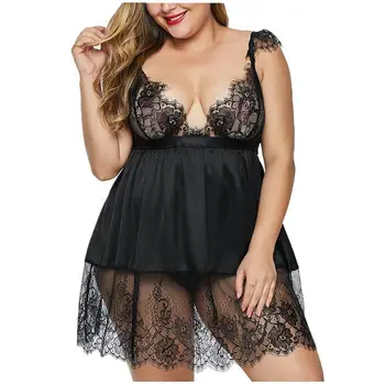 

3XL-5XL Plus Size Sexy Lace Sleepdress Set Women Soft Satin V-Neck Sexy Nightdwear With Thong Camisole Lingerie Underwear Women