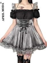 

Dark Gothic Y2k Mini Dress Emo Alt Women Vintage Mesh Patchwork Lace Up High Waist Academia Dress Harajuku Mall Goth Partywear