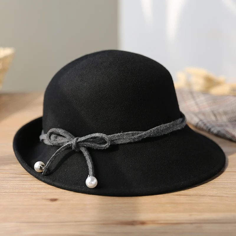 Black 57cm Sedancasesa Осень Зима Женская шапка Cloche женская Англия Ретро австралийская шерсть Felt Hat Bow Ведро для женщин - Цвет: Black 57cm