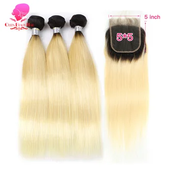 

QUEENBEAUTY 1B 613 Blonde 2 Tone Ombre Brazilian Straight Hair Bundles with Closure,Remy Human Hair Bundles with Closure