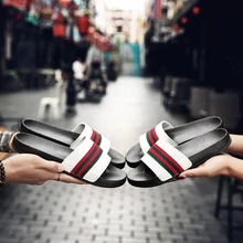 Striped Brand Designer Couples Slippers Shoes Leather Summer Footwear Fashion Female Slides Men Outdoor Flat Woman Sandals Mules