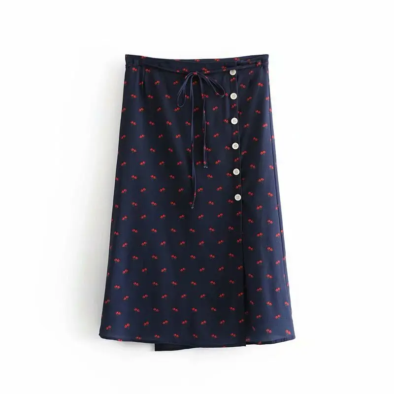 

Western Style 2019 Spring New Style Versitile Fashion Cherry Printed Lace-up Button Ornaments Mid-length Skirt Women's Fashion