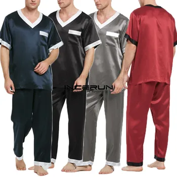 

INCERUN Men Pajamas Sets Soft Patchwork Short Sleeve Casual V Neck Tops Fashion Pants Mens Sleepwear Sets Homewear Plus Size 5XL