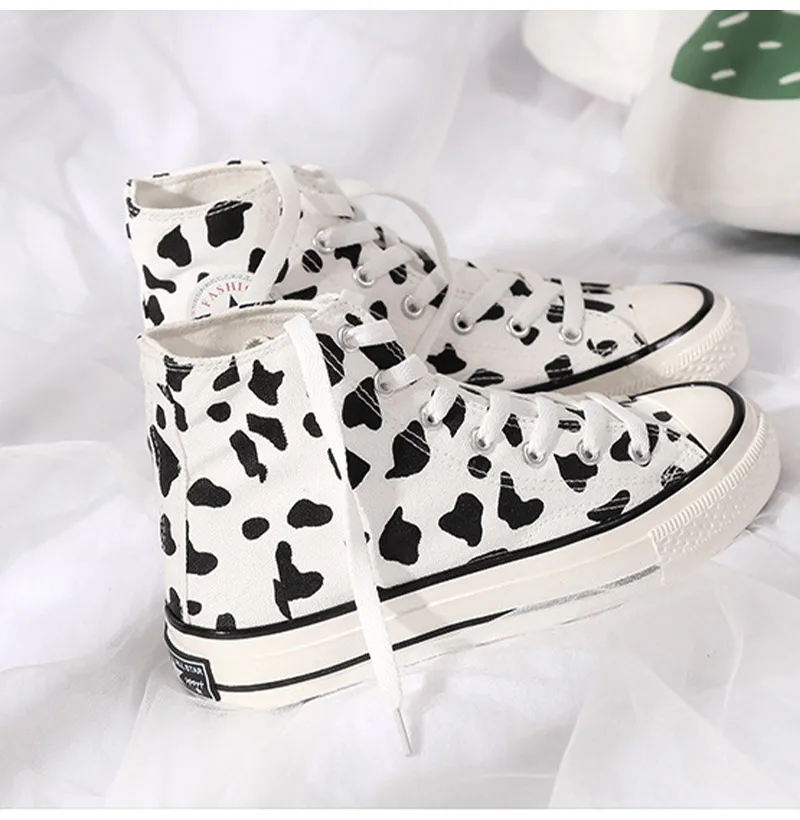 Woman Canvas Sneakers Women's Classic Flats Female Lace Up Cow Spot Shoes Women High-top Shoes Student 2020 Fashion