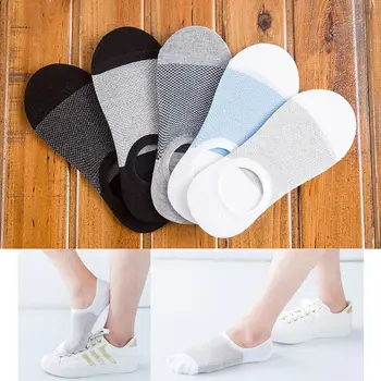 

1 1 Pair Mens Breathable Cotton Mesh Short Boat Socks Low Cut Invisible Anti Slip Silicone Contrast Color Anti-Bacterial Thin