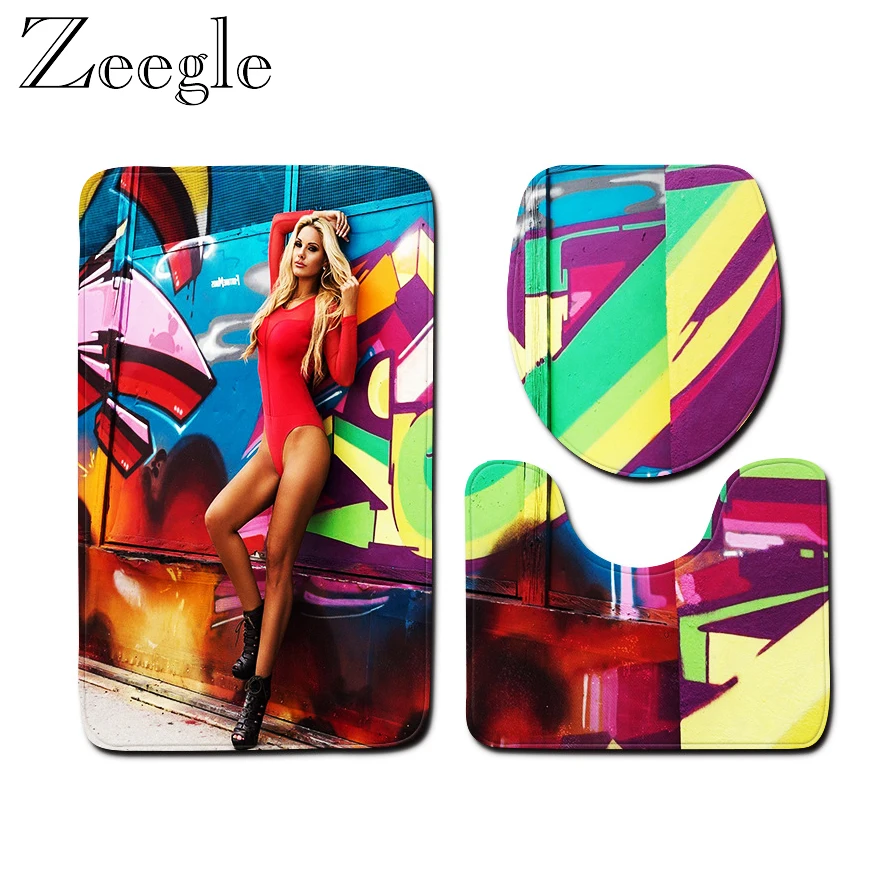 Sexy Women Printed Bath Mat Bathroom Carpet Non-slip Toilet Seat Cover Bath Rug Memory Foam Absorbent Bathroom Shower Room Mat