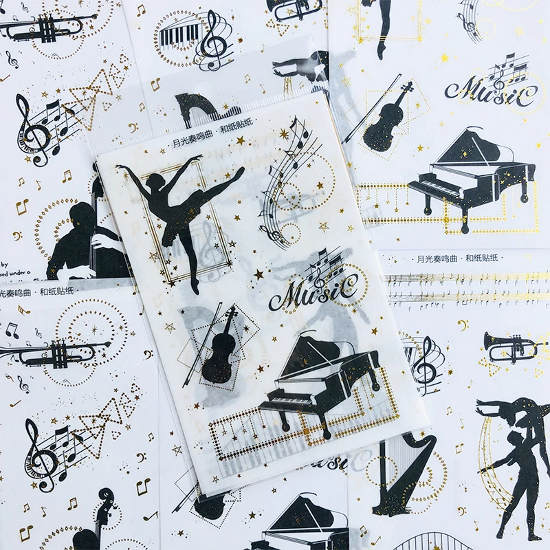 Paquete de 3 hojas de Piano negro para chicas, adhesivos decorativos de papel Washi
