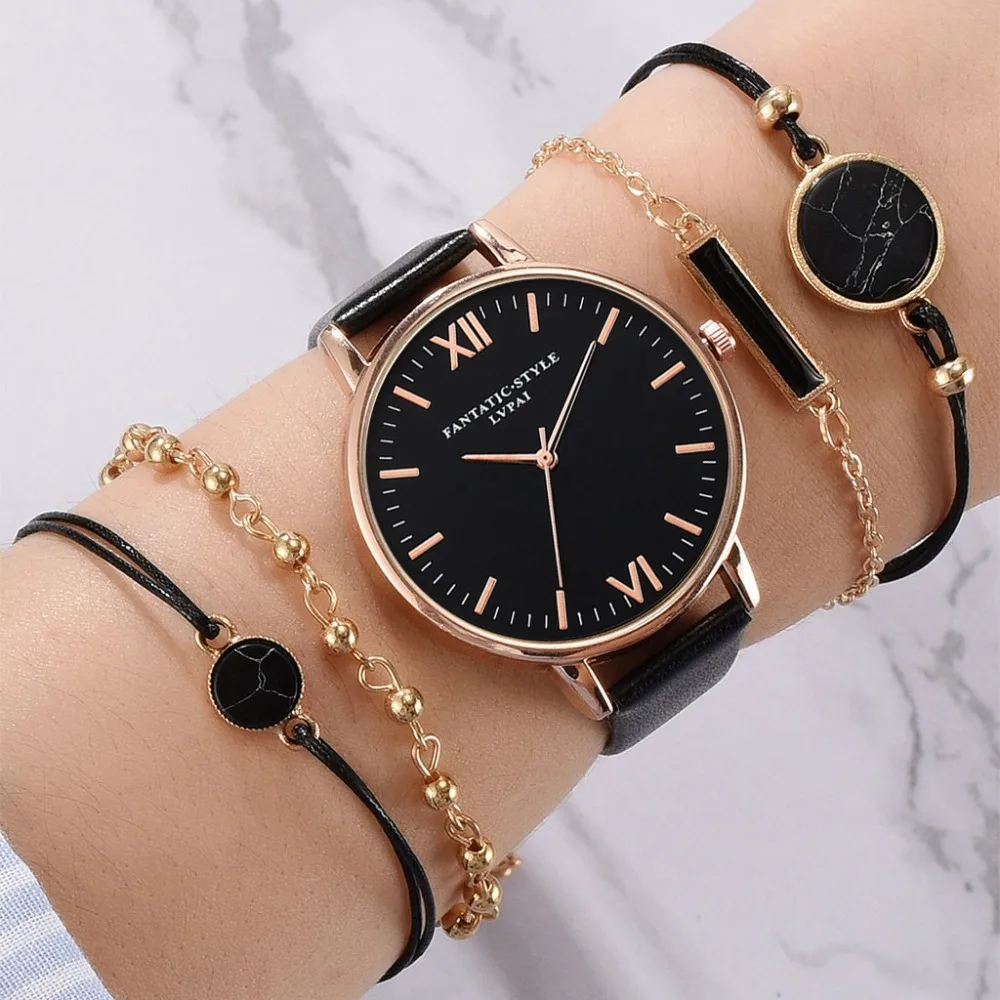 5pc/set Simple Style Leather Watches Women Fashion Watch Minimalist Ladies Casual Wrist Watch Female Quartz Clock Reloj Mujer