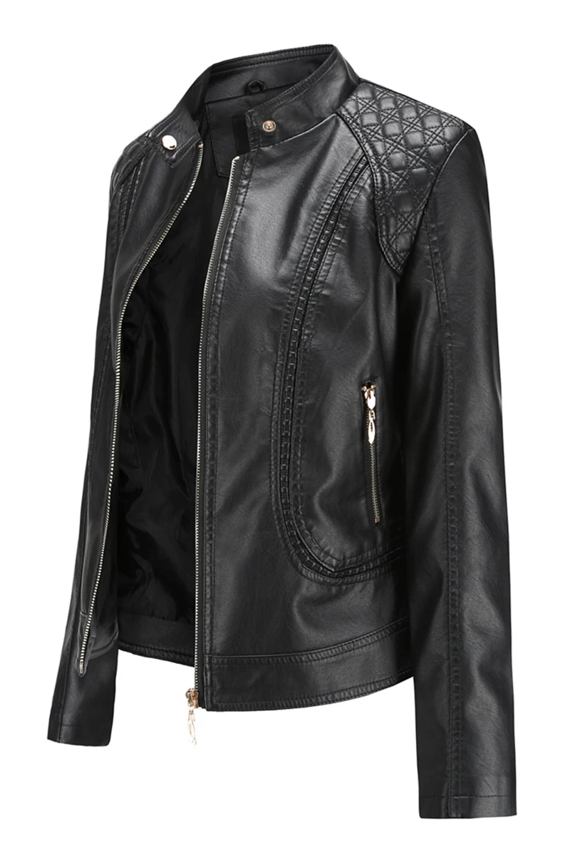 

Leather Jacket Women Autumn 2019 Black Color Washed PU Leather Short Jacket Mandarin Collar Zippers Slim Ladies Coats