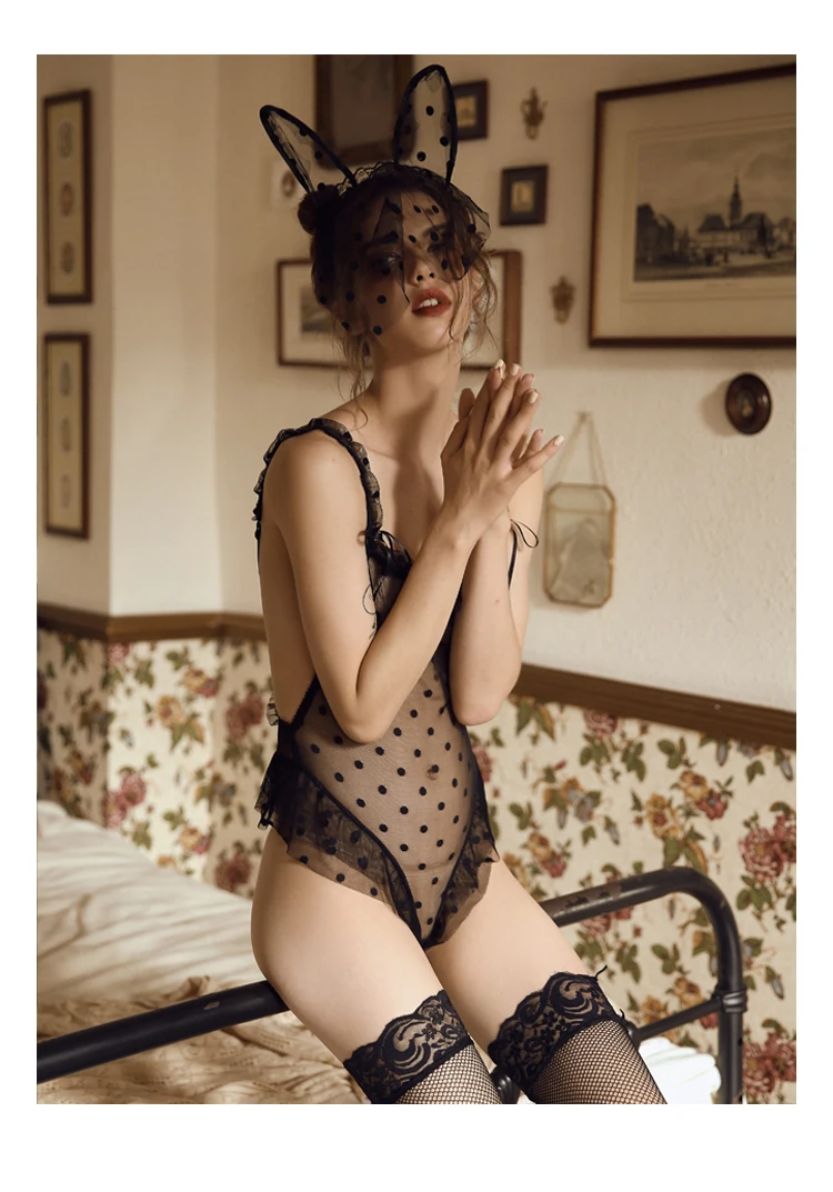 Sexy V Neck Mesh Dot Bodysuit Women Summer See Through Body Rompers Spaghetti Strap Lace Bodysuits Women Bedtime Bielizna