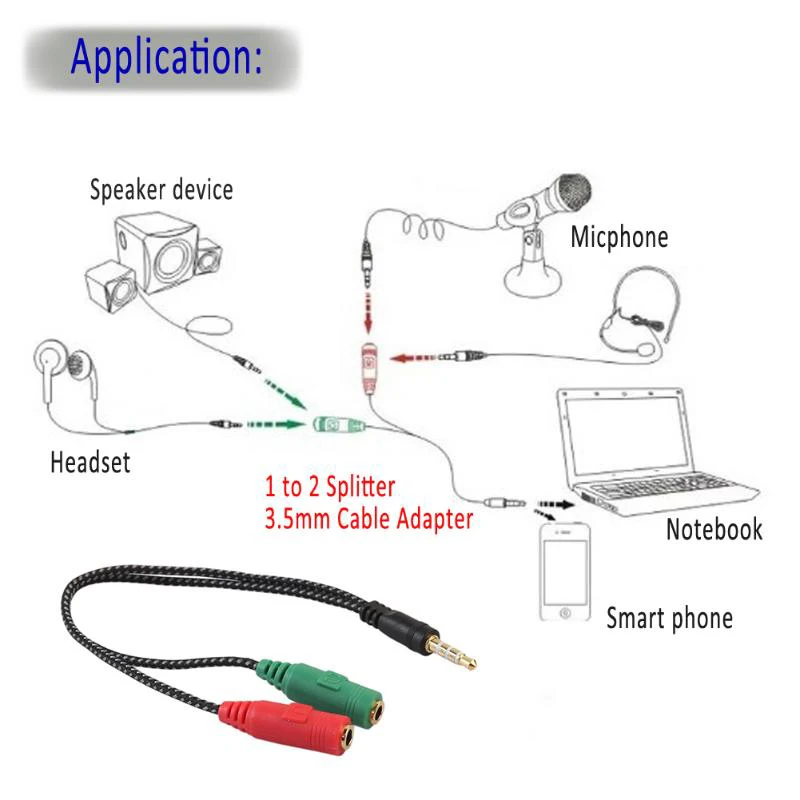 30PCS New 2 1 Cable Adapter Splitter 3 5mm Audio Headphones Headset to 2 Jack Headphones Microphone Audio Cable for Earphone