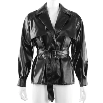 

2020 Spring Autumn Casual Leather Jacket Long Sleeve Motorcycle PU Faux Leather Jacket Coats With Belt Black Cardigan Outwear