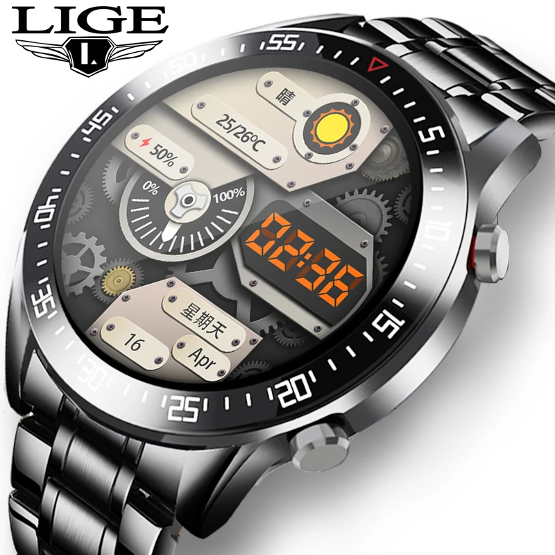 LIGE 2021 New Steel Band Smart Watch Men For Android IOS Phone Heart Rate IP68 Waterproof Full Touch Screen Luxury Smartwatch