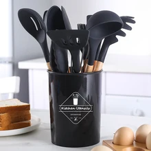 Silicone Cooking Utensils Set Non-Stick Spatula Shovel Wooden Handle Kitchenware with Storage Box 9/12Pcs Kitchen Accessories
