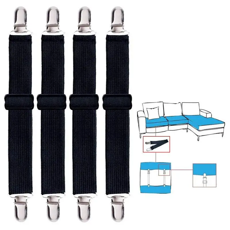 

Adjustable Heavy Duty Bed Sheet (4 Pack), Cover Grippers Suspenders Holder Band Straps Clips Fasteners, Black