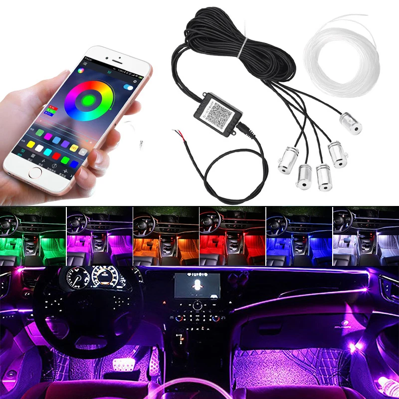 

6 in 1 Auto Interior Ambient Fiber Optic Atmosphere lights LED RGB Colorful App Sound Control Car Decorative Ambient Neon Lamp